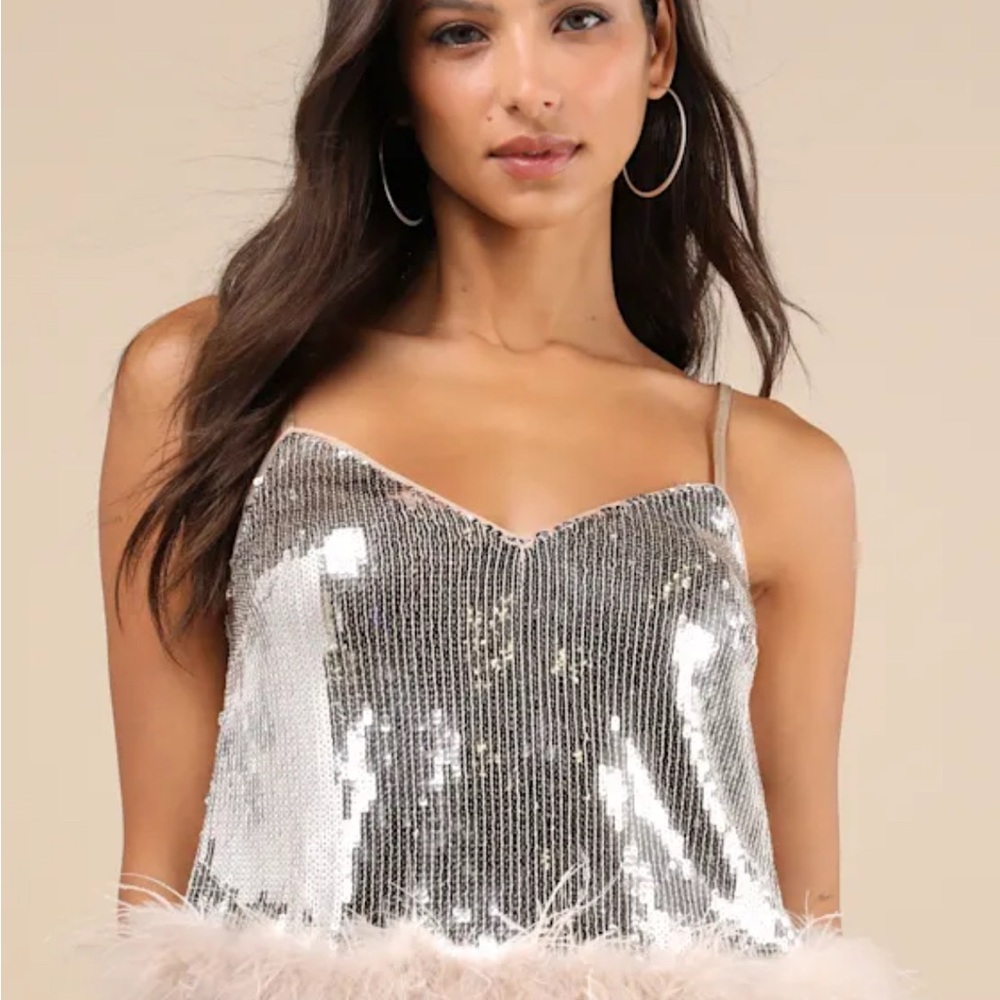 Silver Sequin Top with Feather Trim